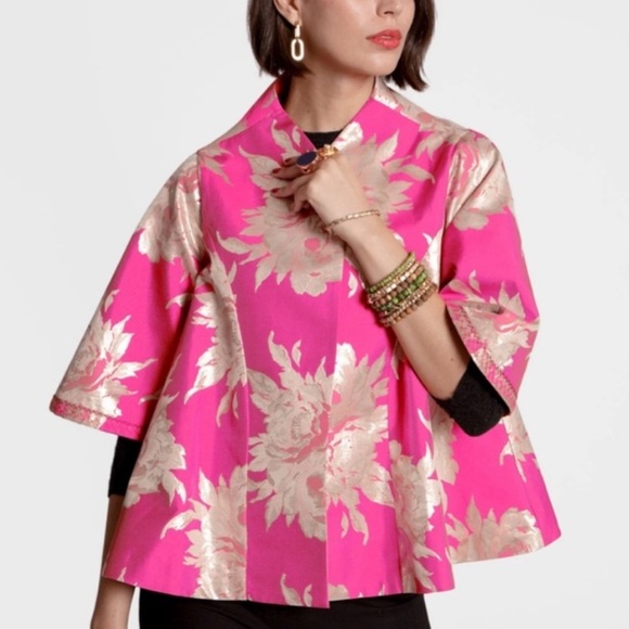 Frances Valentine Metallic Jacquard Short Swing Coat In Navy Blue Size 1X Plus - Picture 2 of 9